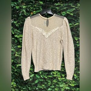 ALBEROY Vintage Sweater Ivory Knit Lace Long Sleeve Womens Small